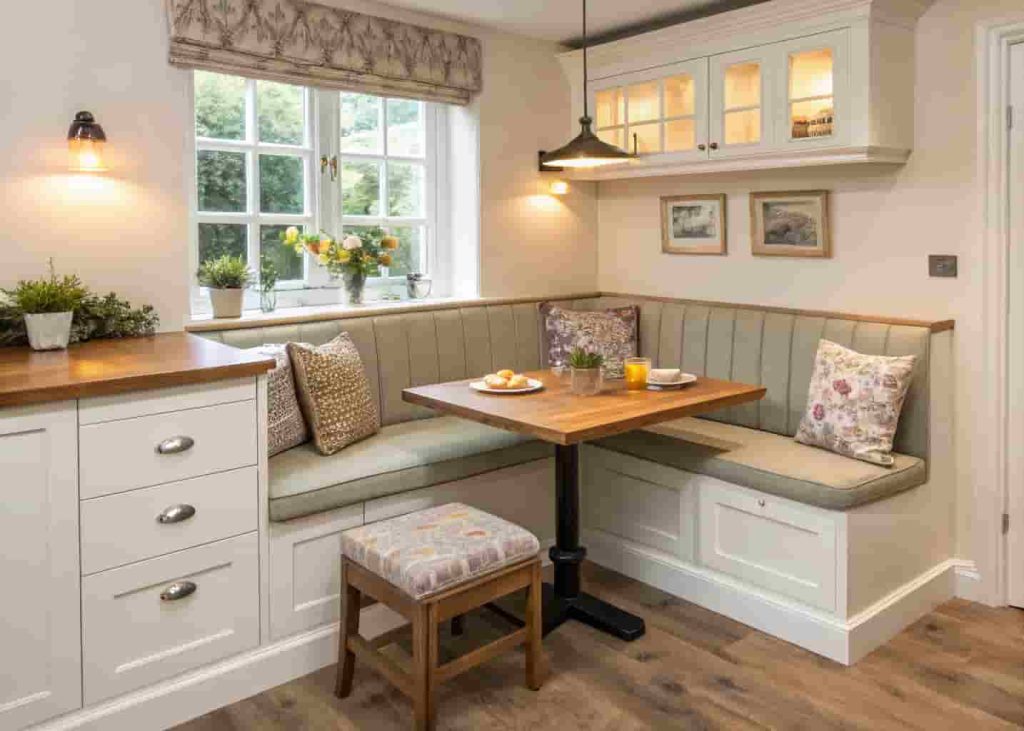 Booth-style breakfast nook with upholstered bench seating and side cabinets for storage in a cozy kitchen