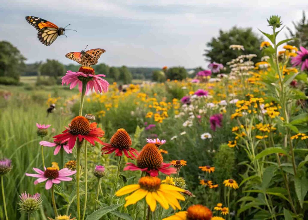 Native wildflowers blooming in a low-maintenance garden bed