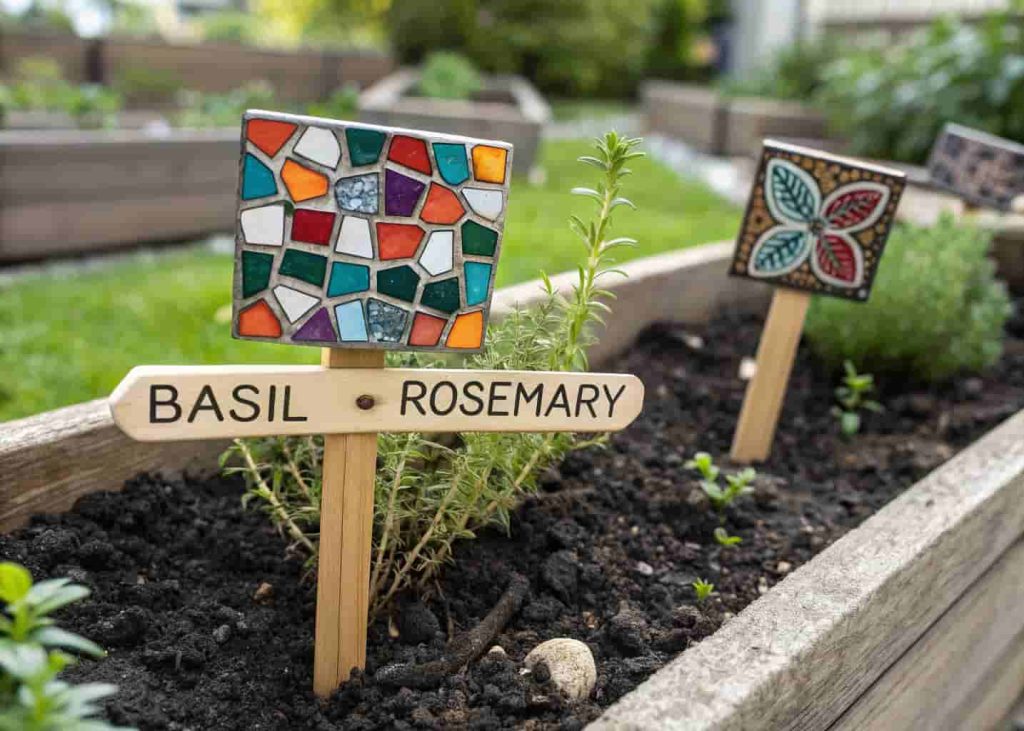 Small decorative mosaic garden plant markers with colorful tile pieces labeling herbs like basil and rosemary in a garden herb bed.
