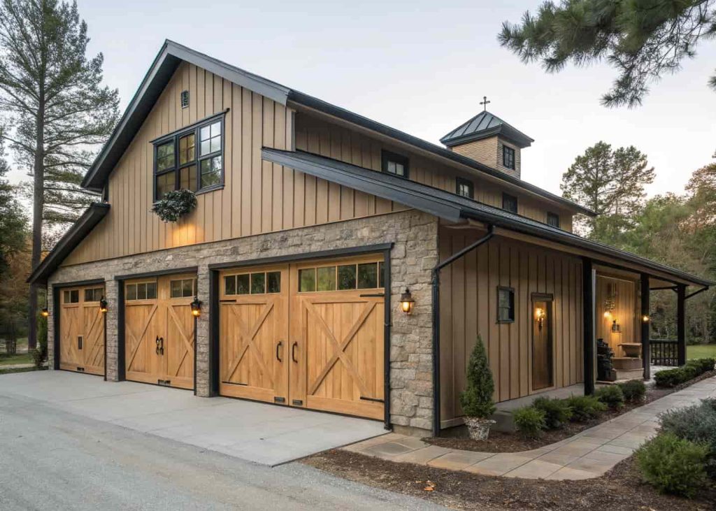  Barn style garage with large sliding wooden doors on exposed black metal track hardware