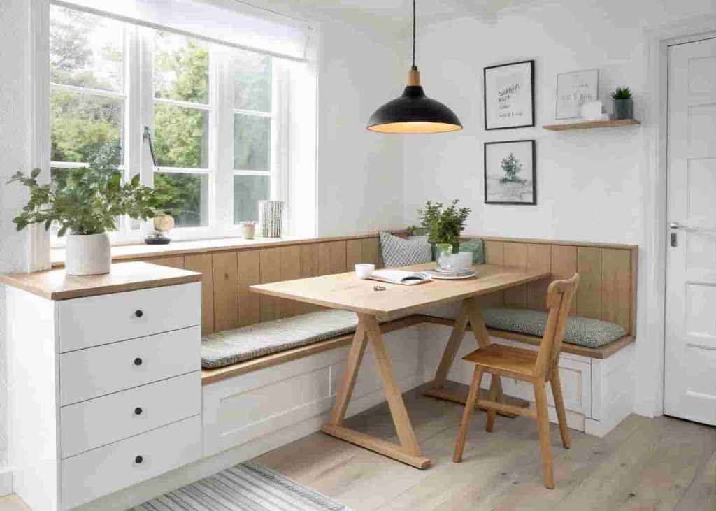 Scandinavian minimalist breakfast nook with wooden bench, drawer storage units, and simple pendant light in a bright kitchen