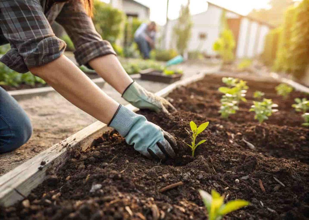 Gardener spreading mulch around plants to reduce weeds