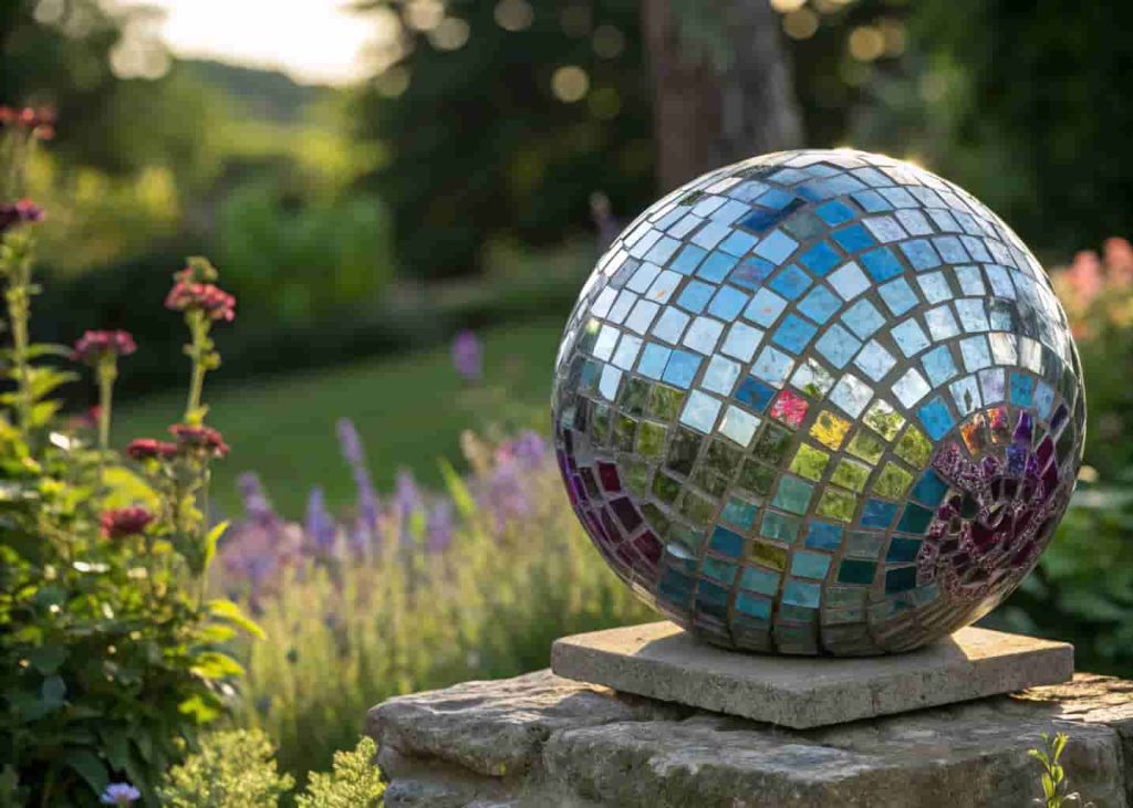 Mosaic gazing ball covered in mirror and colored glass tiles reflecting garden plants and sky, placed on a garden pedestal.