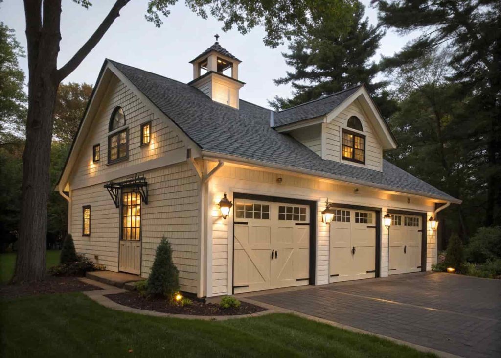Carriage house style garage doors with decorative black strap hinges and glass inserts on a barn style garage