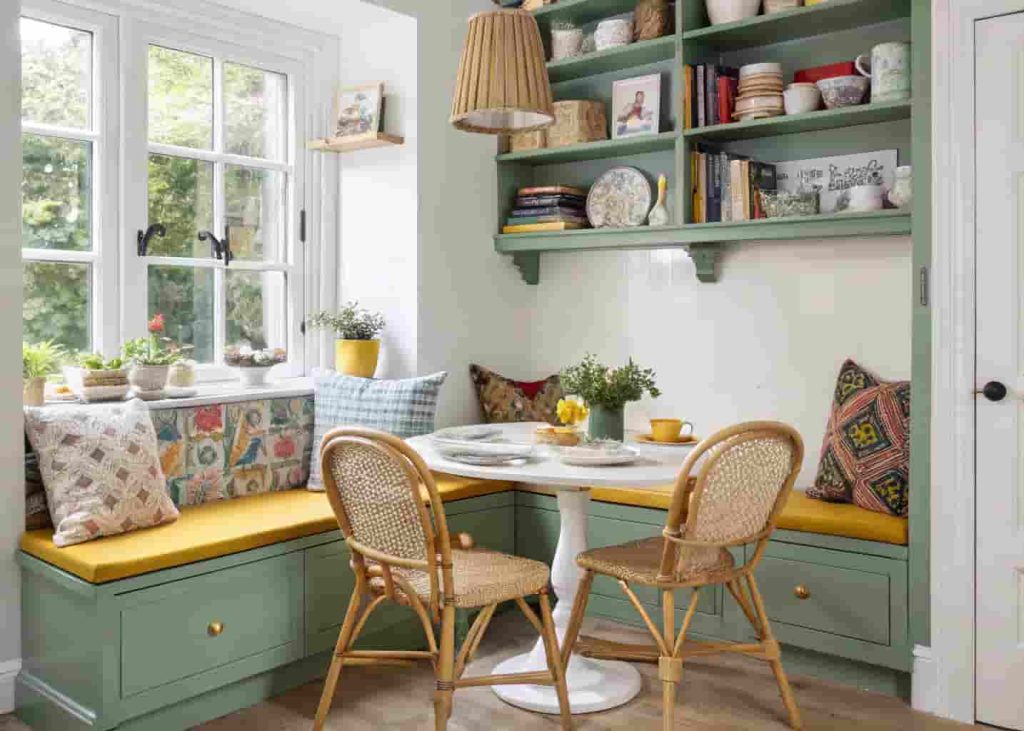 Colorful eclectic breakfast nook with painted bench, rattan chairs, and open shelf storage in a vibrant kitchen corner
