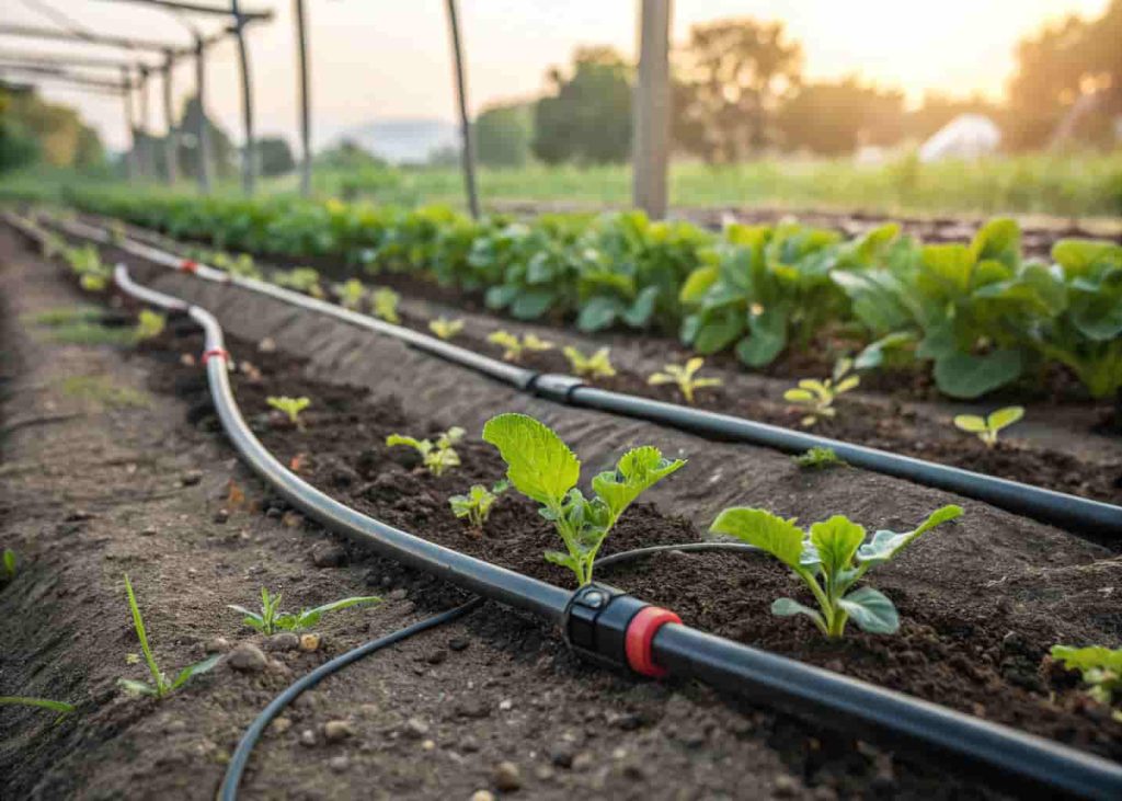 Drip irrigation tubing watering plants in a garden bed