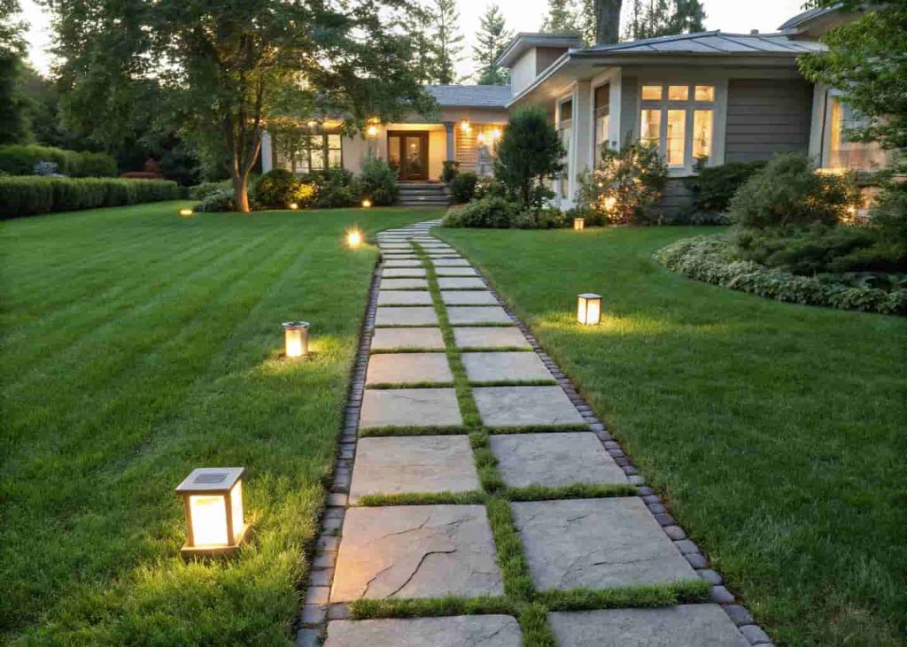 Stone pavers set into lush green lawn creating a clean front garden walkway