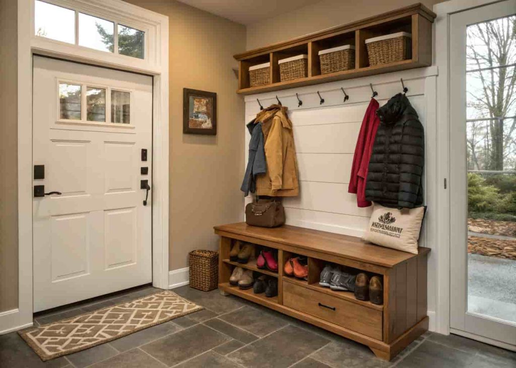 Garage mudroom zone with storage bench, shoe rack below, and wall hooks holding coats near entry door