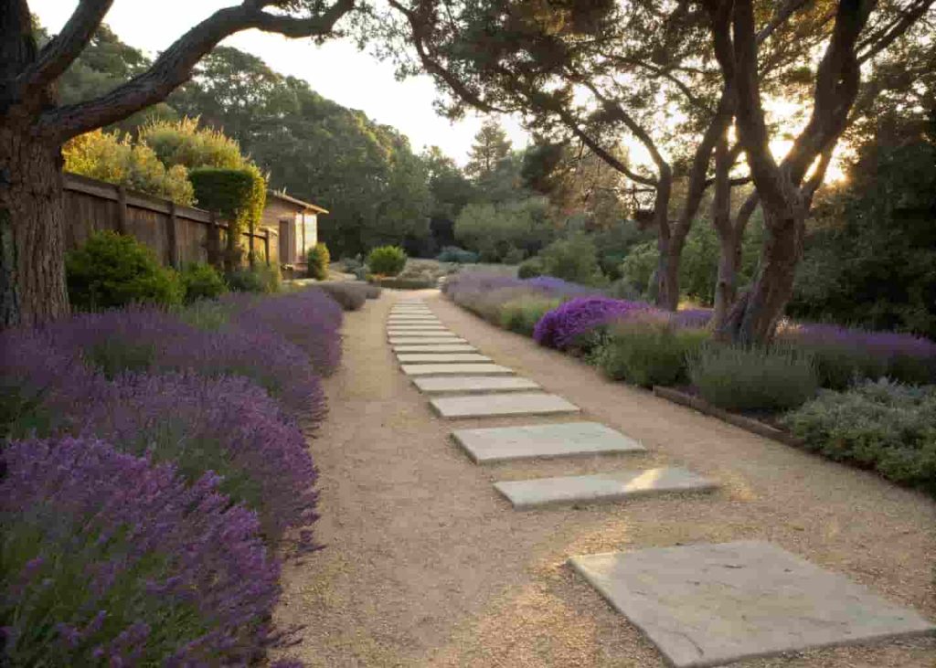 Decomposed granite walkway with stepping stone accents and lavender plants along a side yard