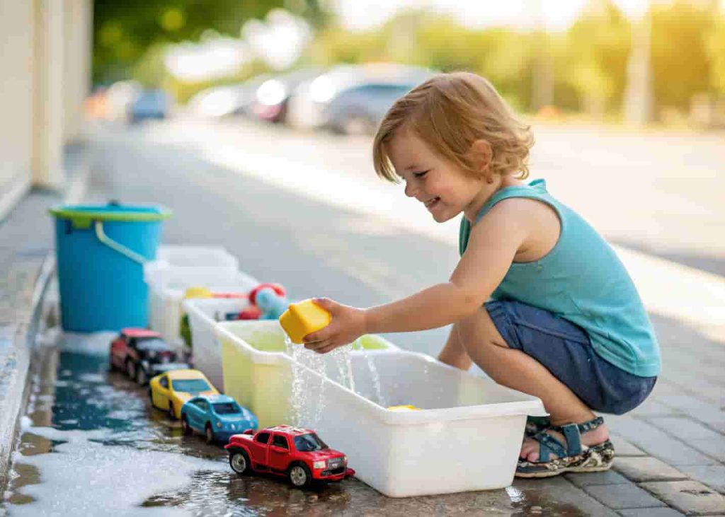 Preschooler running a DIY toy car wash as a fun summer imaginative play activity