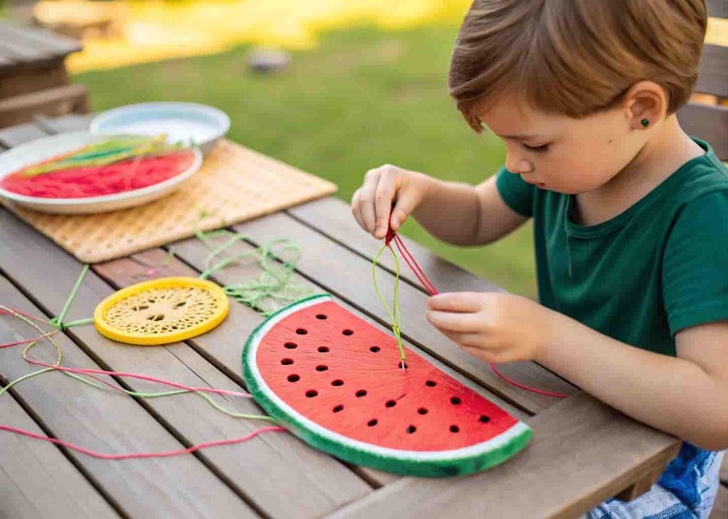 Preschooler doing watermelon lacing card as summer fine motor activity