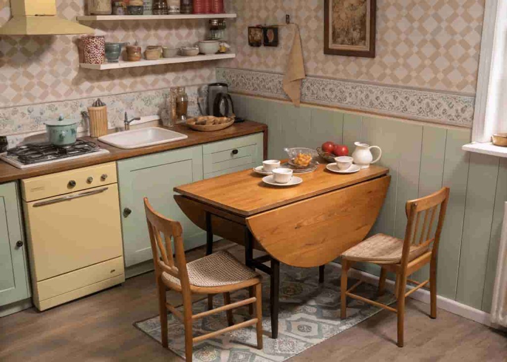 Wall-mounted vintage drop-leaf table in small kitchen nook