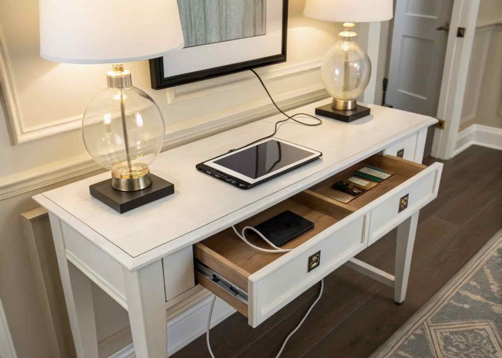 Console table with built-in charging station for phones and devices