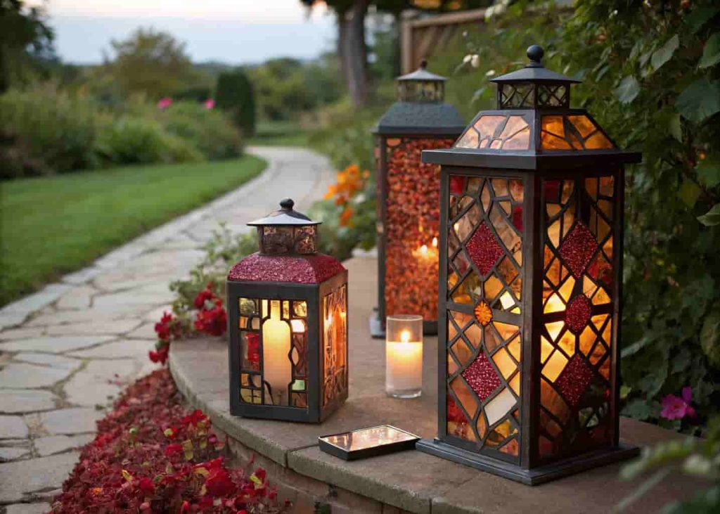 Outdoor mosaic glass tile lanterns in warm red, orange, and gold tones with candles glowing inside, placed in a garden at dusk.