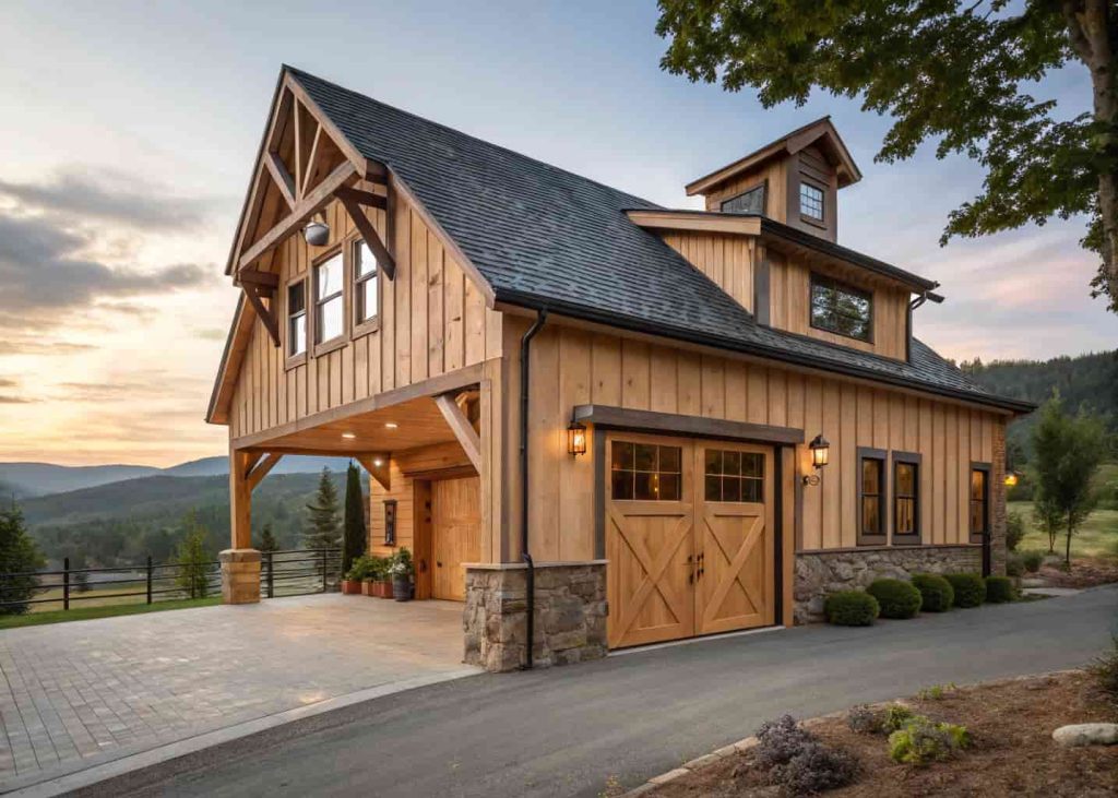 Barn style garage with natural wood timber beam accents and warm earthy tones on the exterior