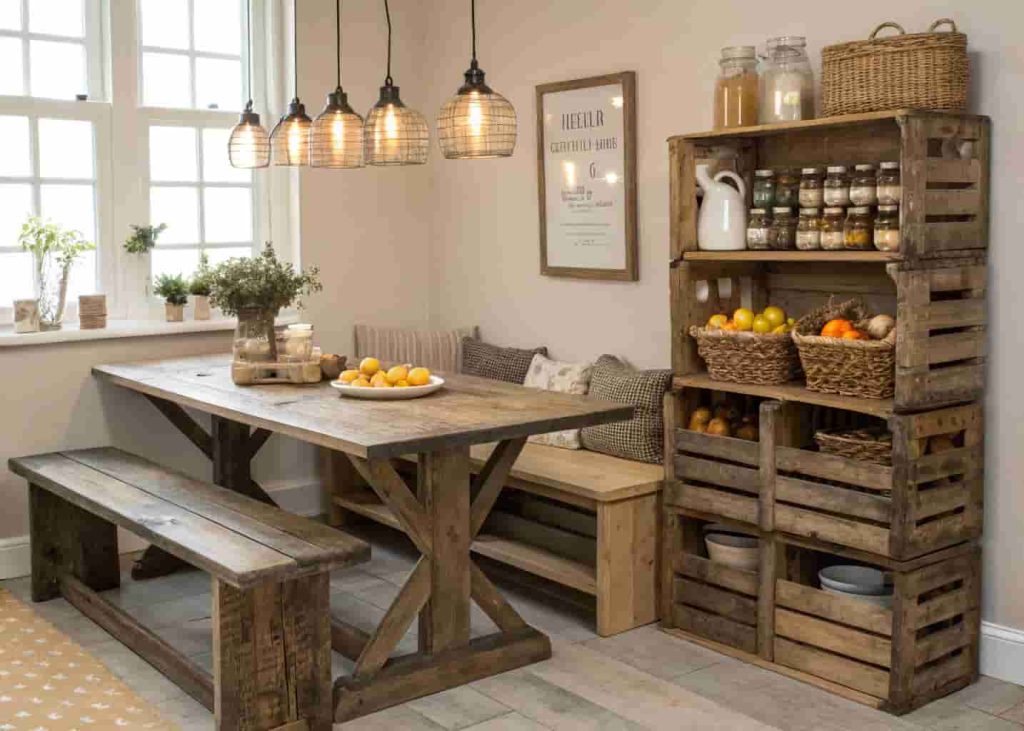 Rustic breakfast nook with reclaimed wood bench, table, and wooden crate storage in a farmhouse-style kitchen