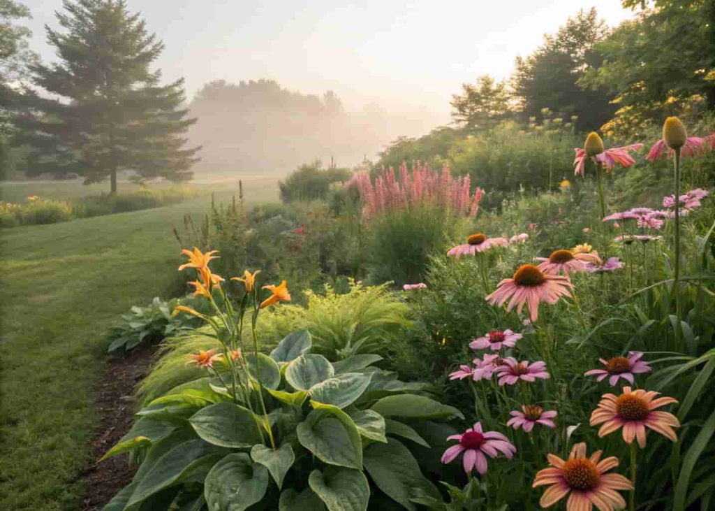 Perennial flower border with coneflowers and hostas