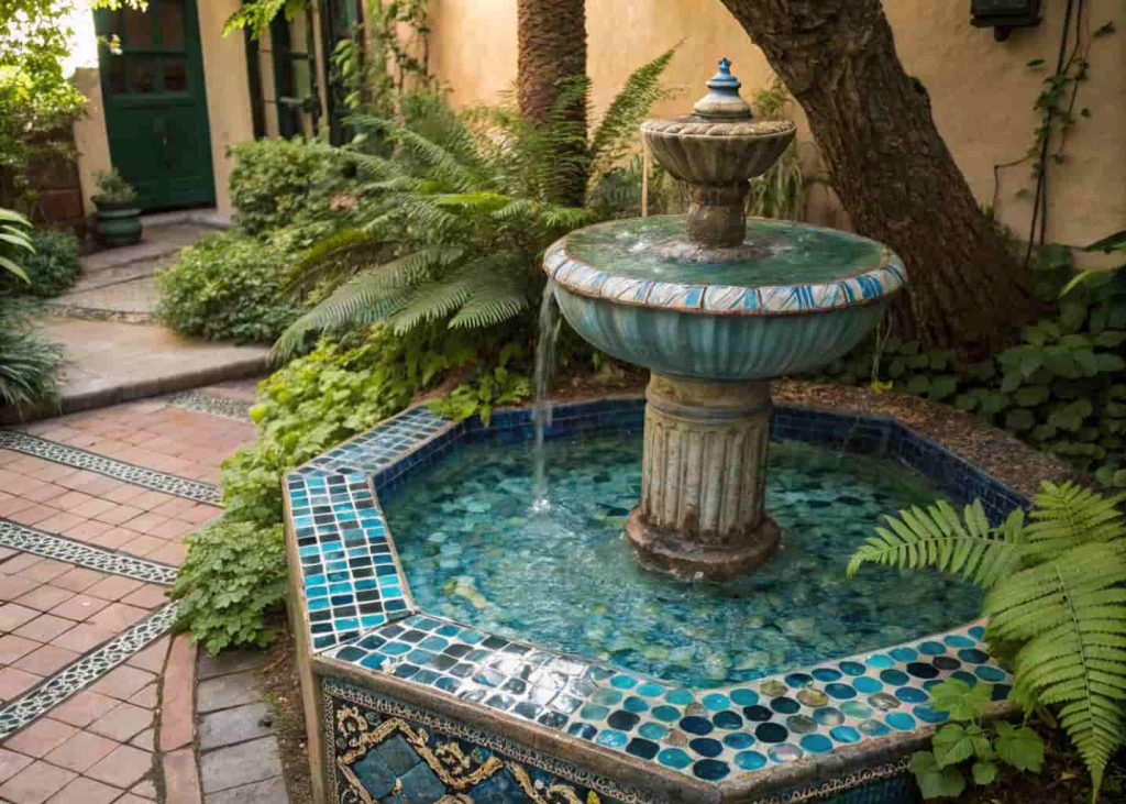 Small garden fountain covered in blue and turquoise mosaic tiles with gentle water flow, surrounded by ferns and garden plants.