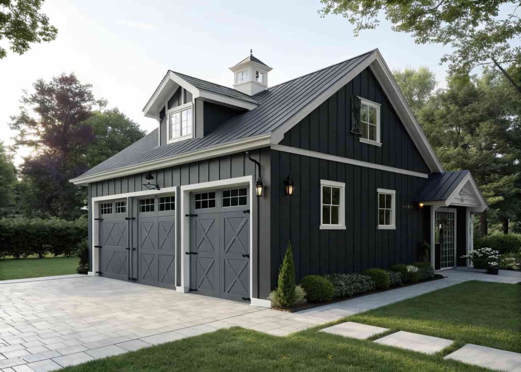 Modern barn garage with dark charcoal board and batten siding, white trim, and black hardware details