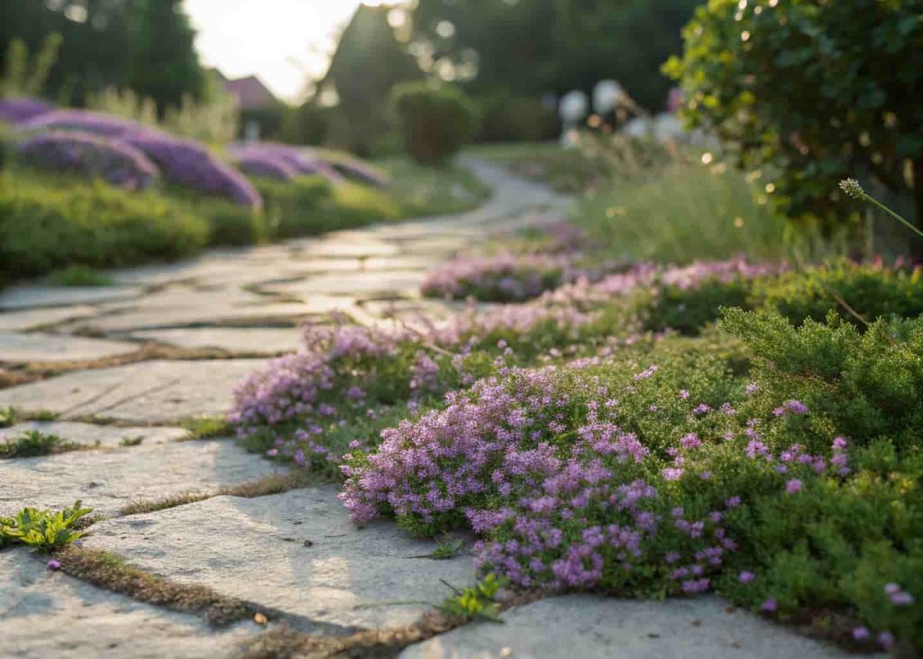 Creeping thyme ground cover growing along a garden path
