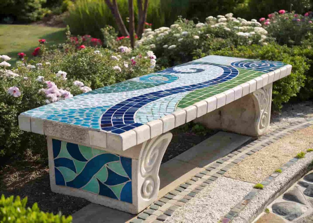 Garden bench with a colorful mosaic tile seat in blue, green, and white patterns, positioned in a sunny garden surrounded by flowers.