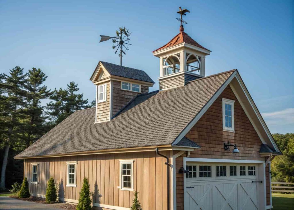 Barn garage rooftop with a decorative cupola and metal weathervane against a blue sky
