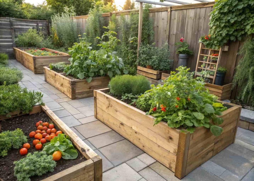 Wooden raised garden beds growing vegetables and herbs