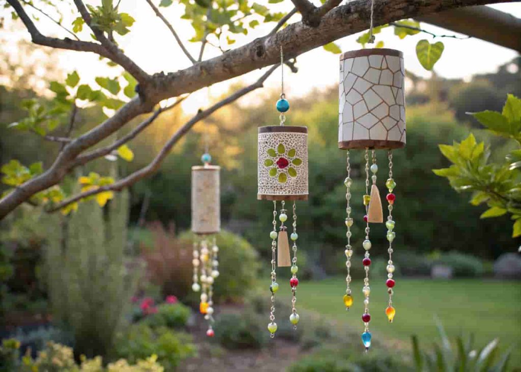 Handmade mosaic garden wind chimes with tile-covered ceramic pieces and glass beads hanging from a garden tree branch in sunlight.