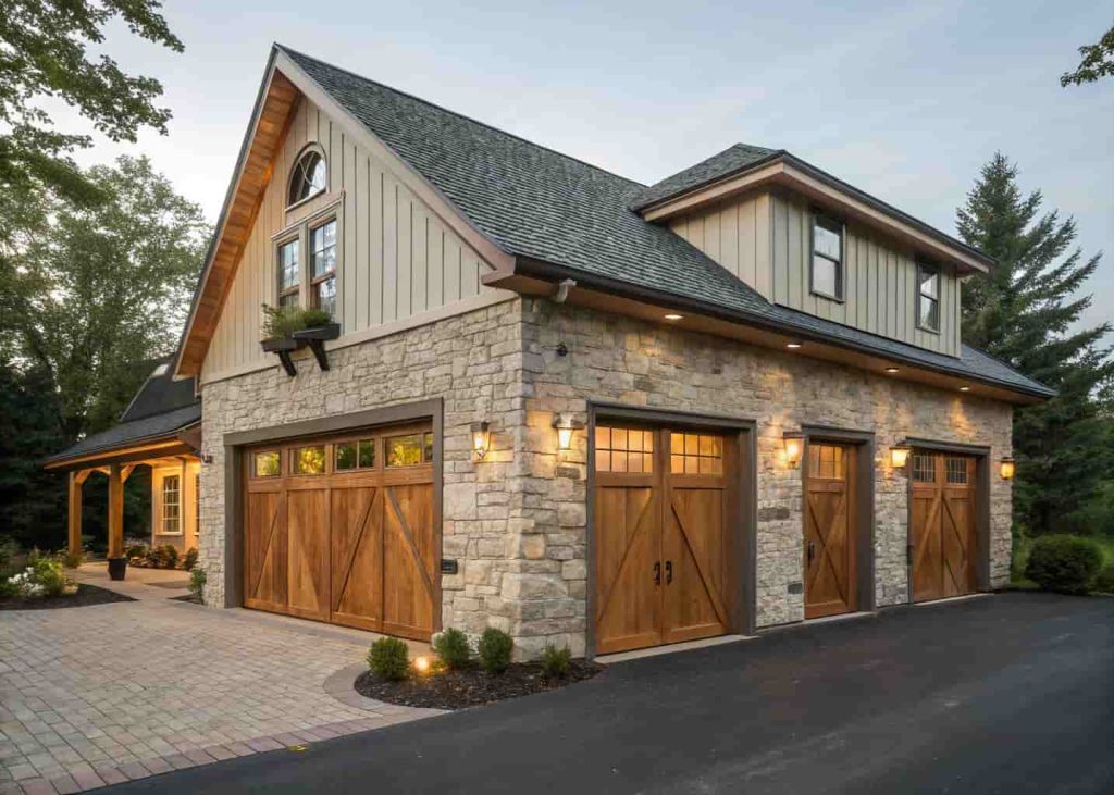Barn garage with a stacked stone foundation accent below wood siding on a residential property