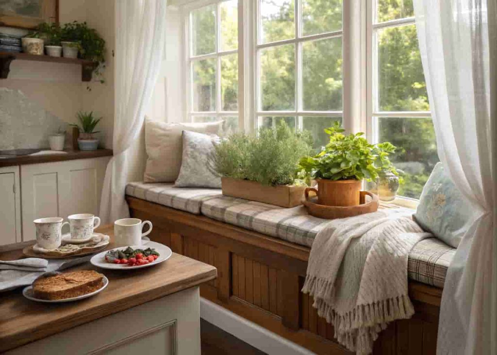 Cottage-style breakfast nook with window herb garden shelf, cushioned bench, and cozy kitchen corner morning setup