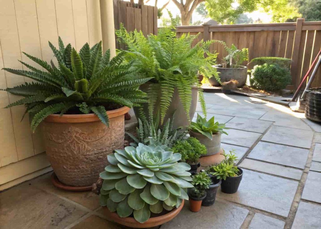 Plants grouped together by similar watering needs on a patio