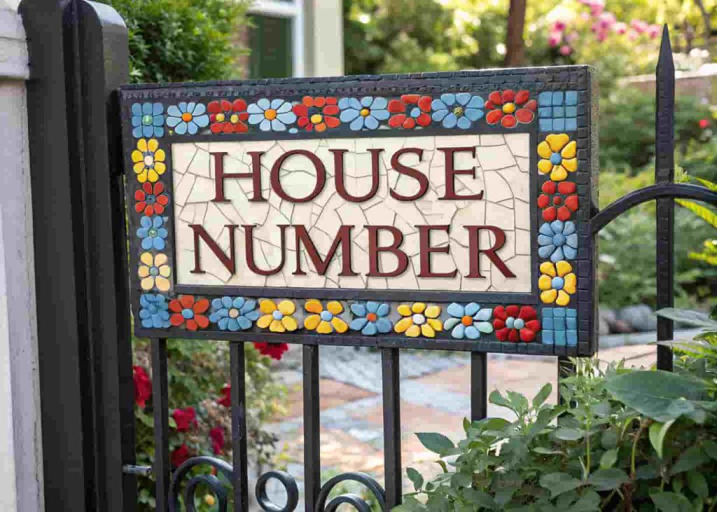Decorative mosaic house number sign with colorful tile framing mounted near a garden gate entrance surrounded by flowering plants.