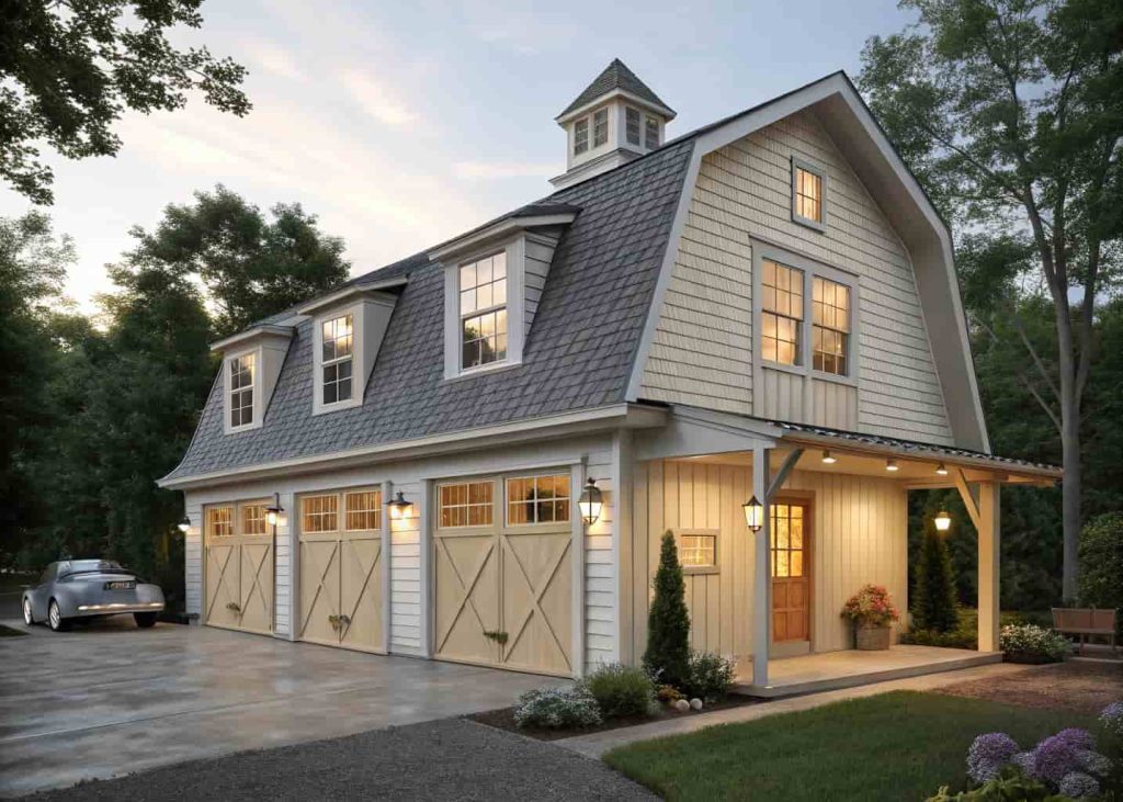 Barn garage with gambrel roof and dormer windows letting in natural light on upper loft level