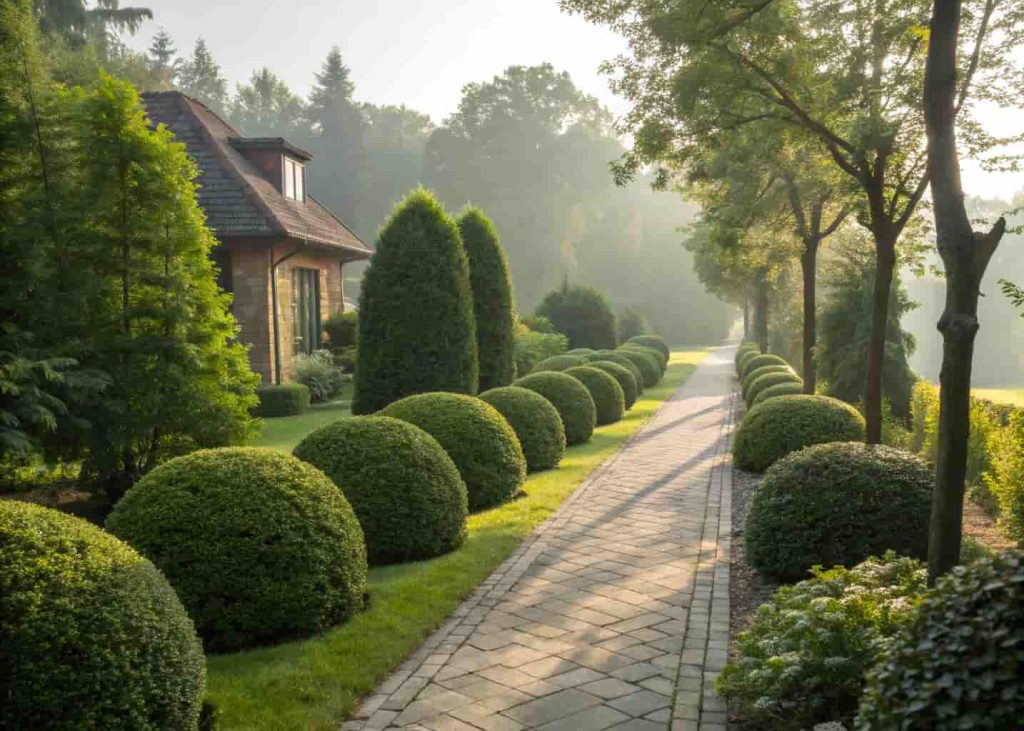 Slow-growing boxwood shrubs lining a garden walkway
