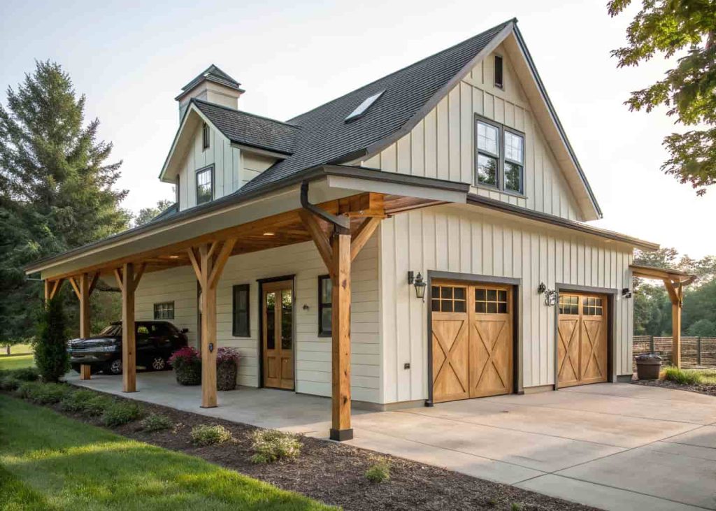 Barn garage with a covered front porch overhang on wooden posts, creating a welcoming farmhouse entrance