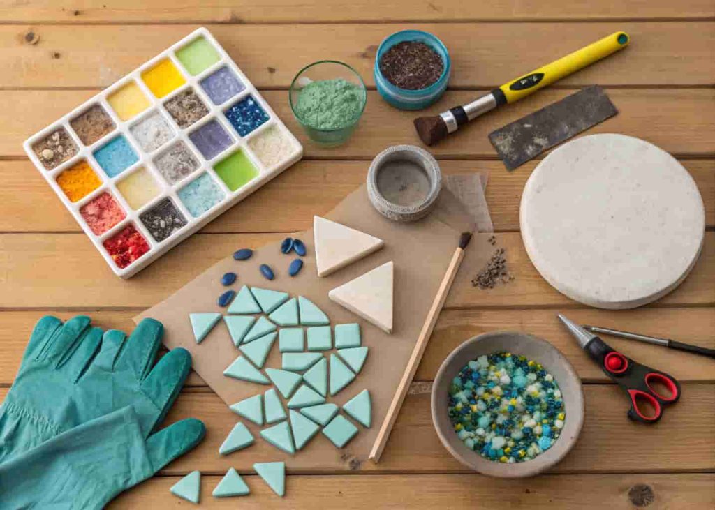 Mosaic stepping stone supplies laid out on a wooden table including broken tiles, glass gems, grout, and a concrete mold.