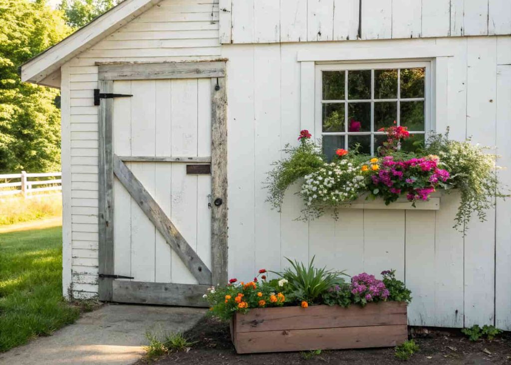 Barn garage side entrance with a painted wooden pedestrian door and a flower-filled window box beneath a window