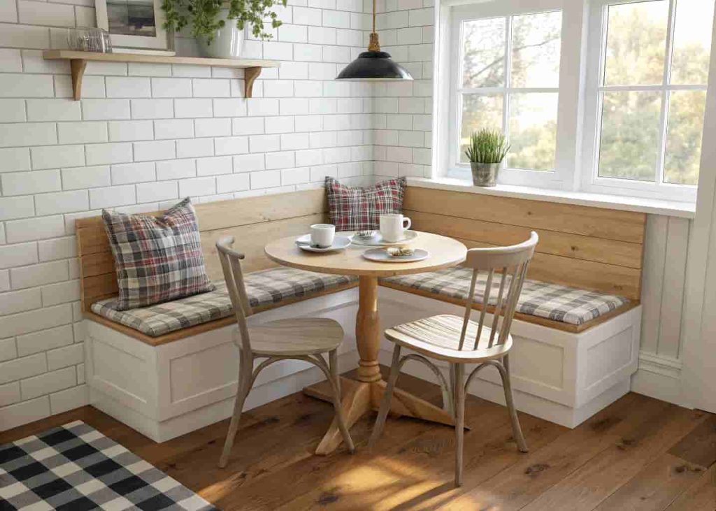 Cozy DIY breakfast nook with built-in wooden bench, round table, and morning light through a window