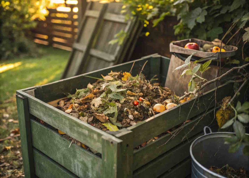 Backyard compost bin filled with organic kitchen scraps
