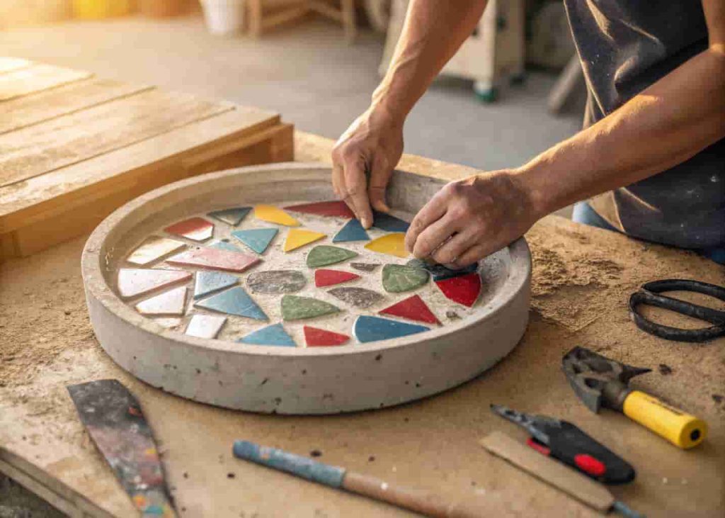 Hands pressing mosaic tile pieces into wet concrete in a round mold during a DIY stepping stone project.