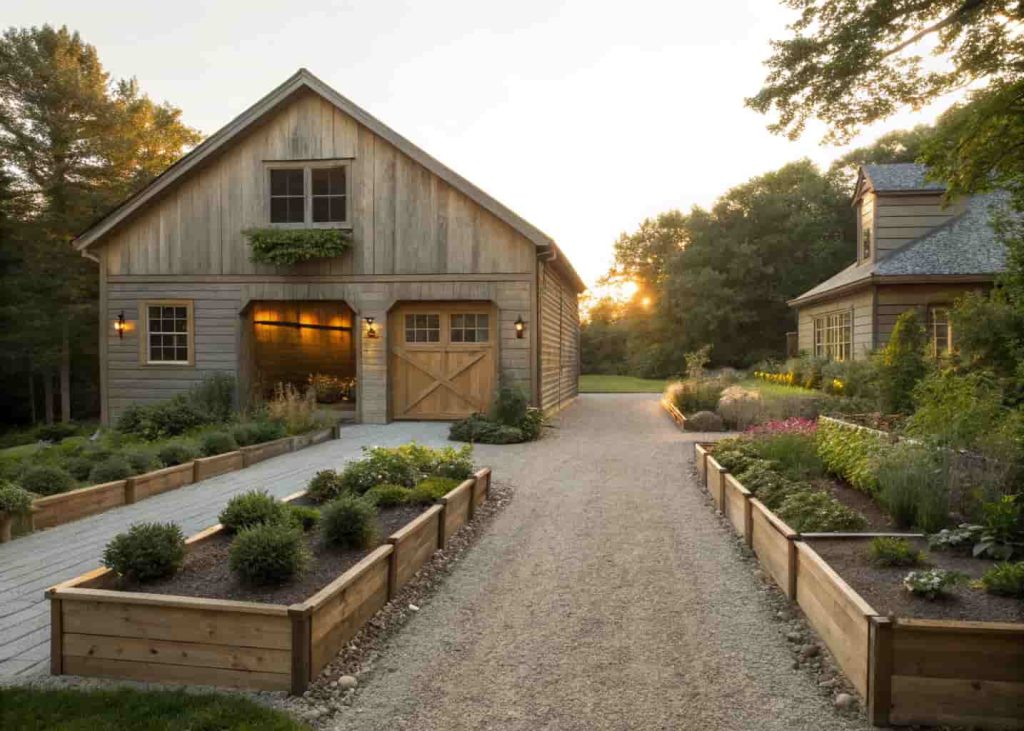 Barn style garage with a gravel path, raised garden beds, and lush landscaping creating a charming farmstead aesthetic