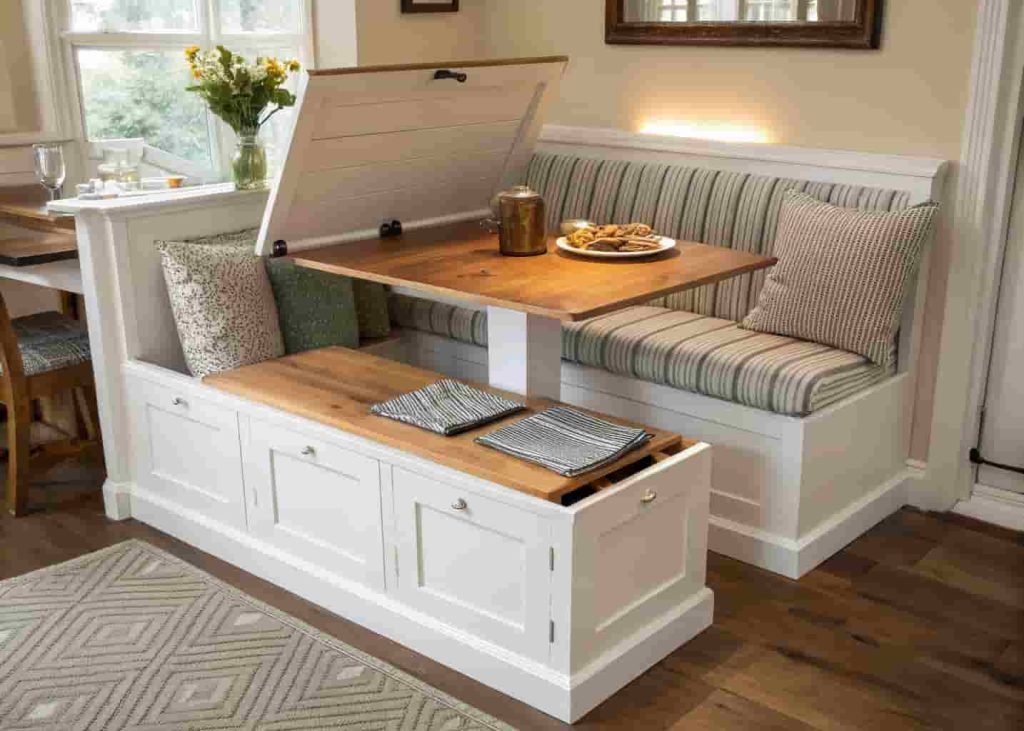 Built-in DIY corner bench with hidden under-seat storage and striped cushions in a white farmhouse kitchen