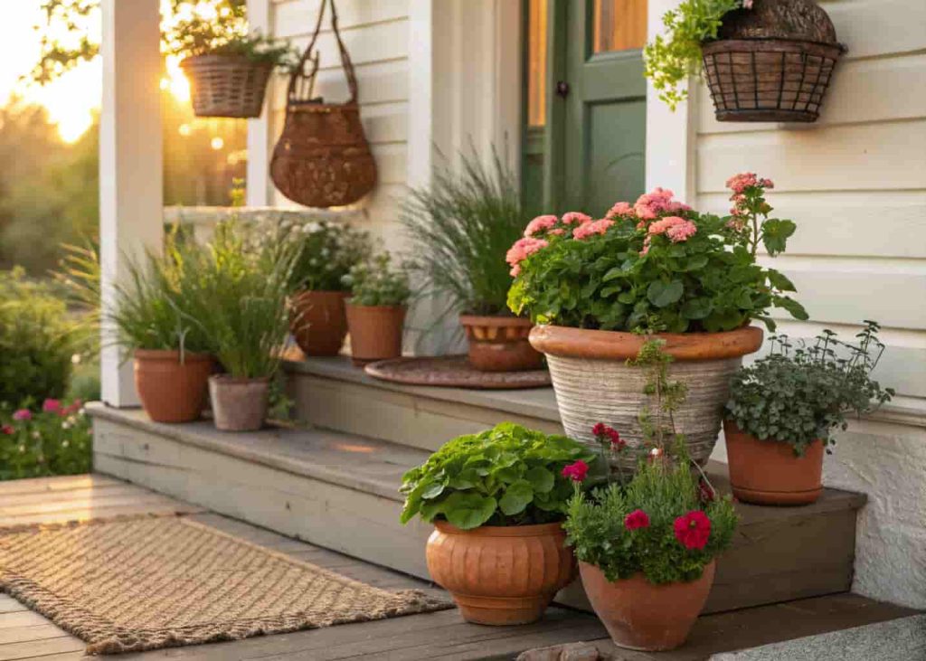 Container garden with herbs and flowers on a porch