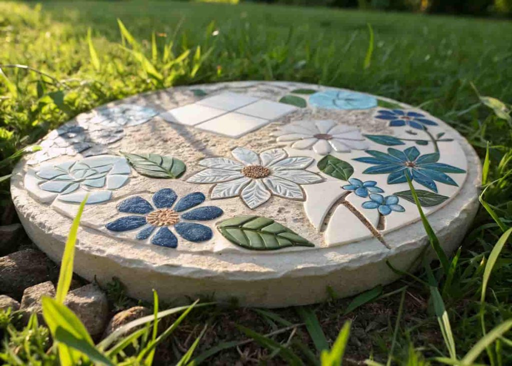 Finished mosaic stepping stone made from broken ceramic plates with colorful floral patterns placed in a garden.
