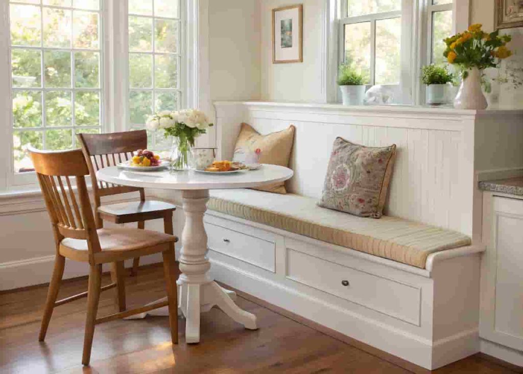 Repurposed vintage church pew as a DIY breakfast nook bench with linen cushion and small white dining table