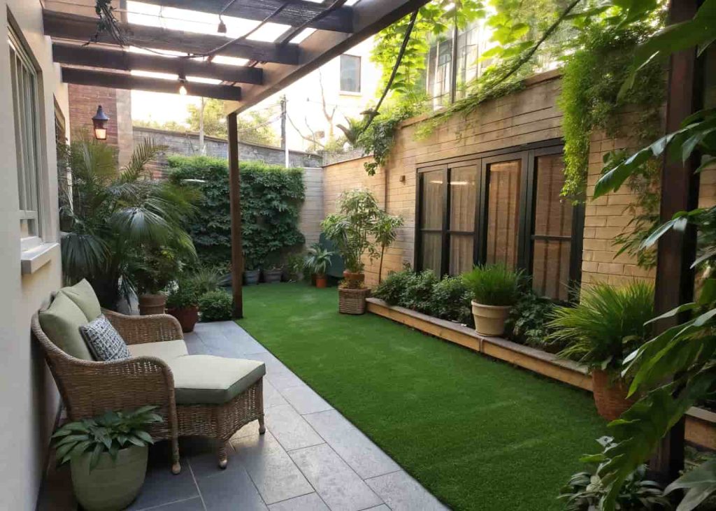 Artificial turf installed in a small backyard area
