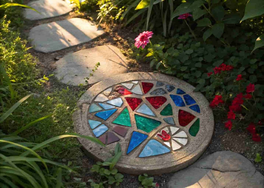 Mosaic stepping stone with colorful stained glass pieces in red, blue, and green, reflecting light in a garden path.