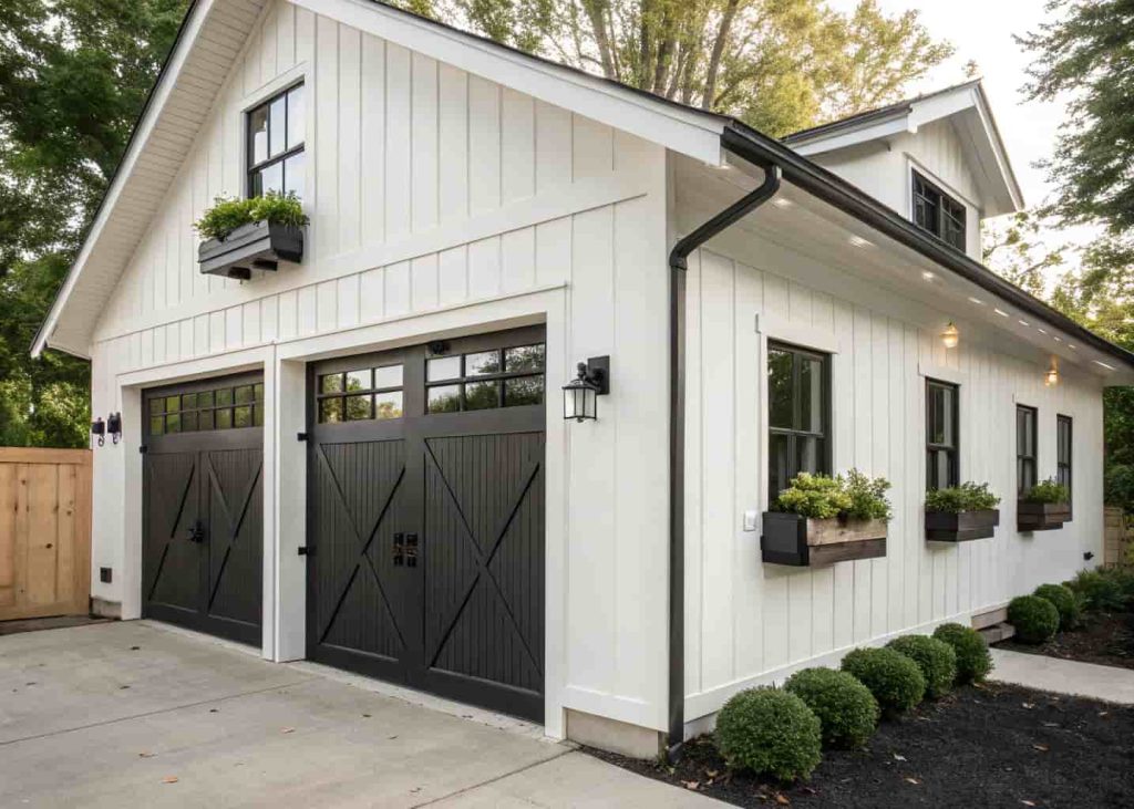 A modern farmhouse detached garage with white siding, black hardware, and a sliding barn door surrounded by green landscaping