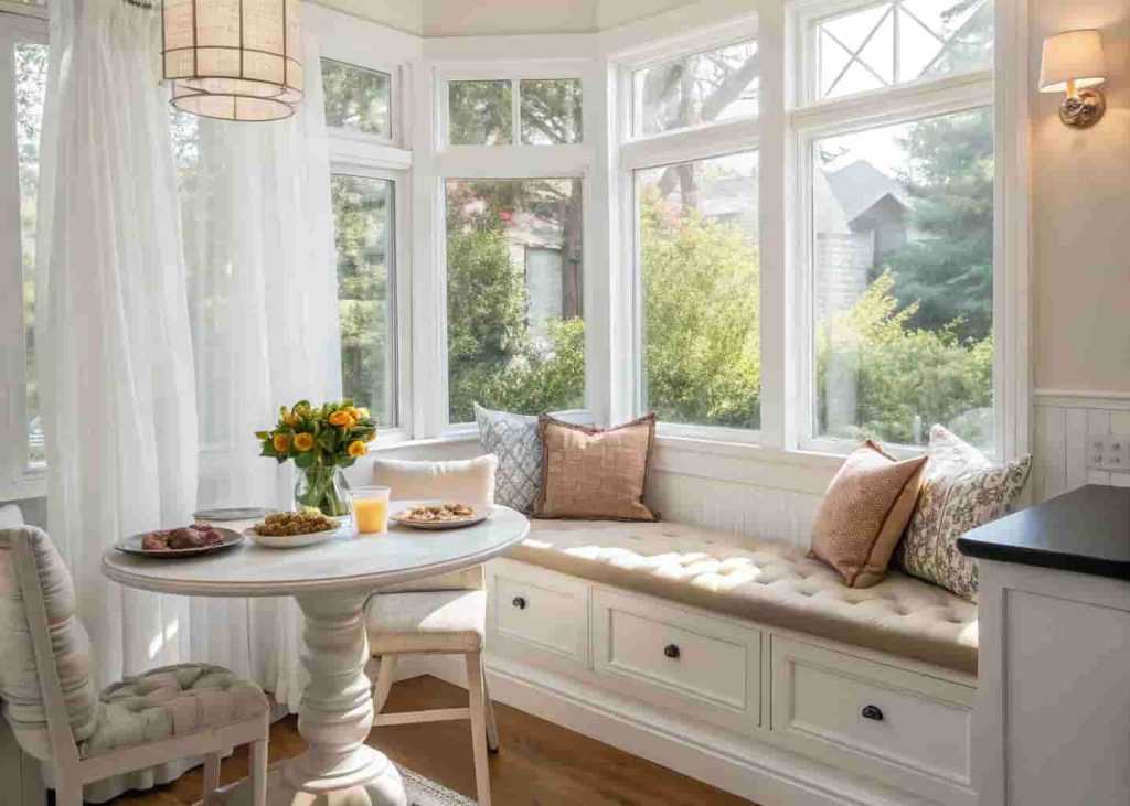 DIY bay window breakfast nook with white built-in window seat, tufted cushion, and natural morning light