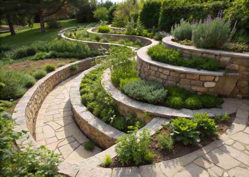 Stone herb spiral garden with multiple herb varieties